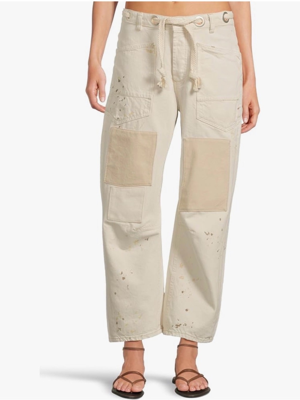 NWT Free People sz32 Moxie Low Slung Pull On Barrel Jeans in Distressed Cream…